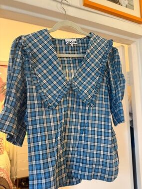 Ganni Blue White Plaid Ruffle Collar Blouse